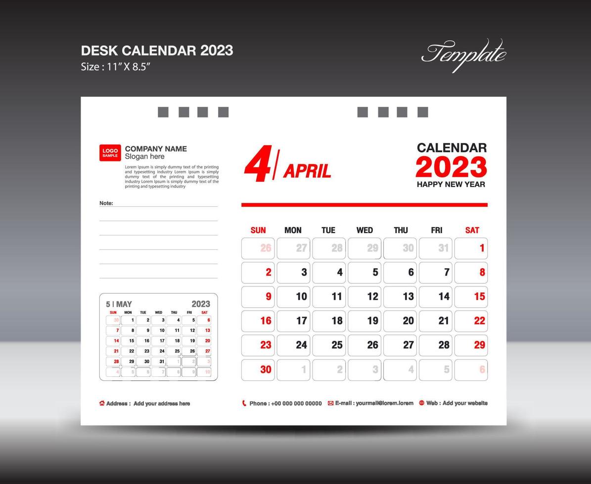april 2023 mall- skrivbord kalender 2023 år mall, vägg kalender 2023 år, vecka börjar söndag, planerare design, brevpapper design, flygblad design, utskrift media, röd begrepp design vektor