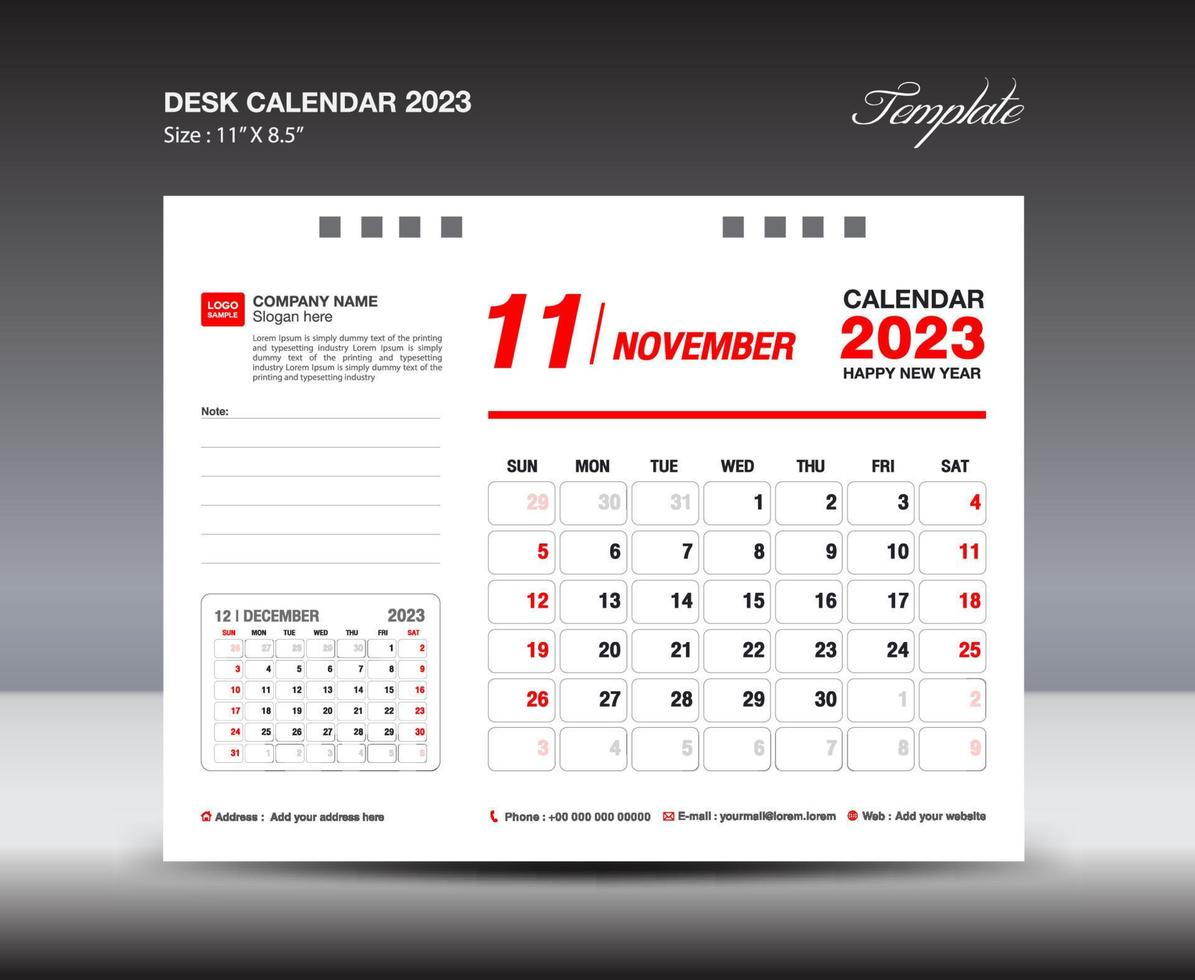 november 2023 mall- skrivbord kalender 2023 år mall, vägg kalender 2023 år, vecka börjar söndag, planerare design, brevpapper design, flygblad design, utskrift media, röd begrepp design vektor