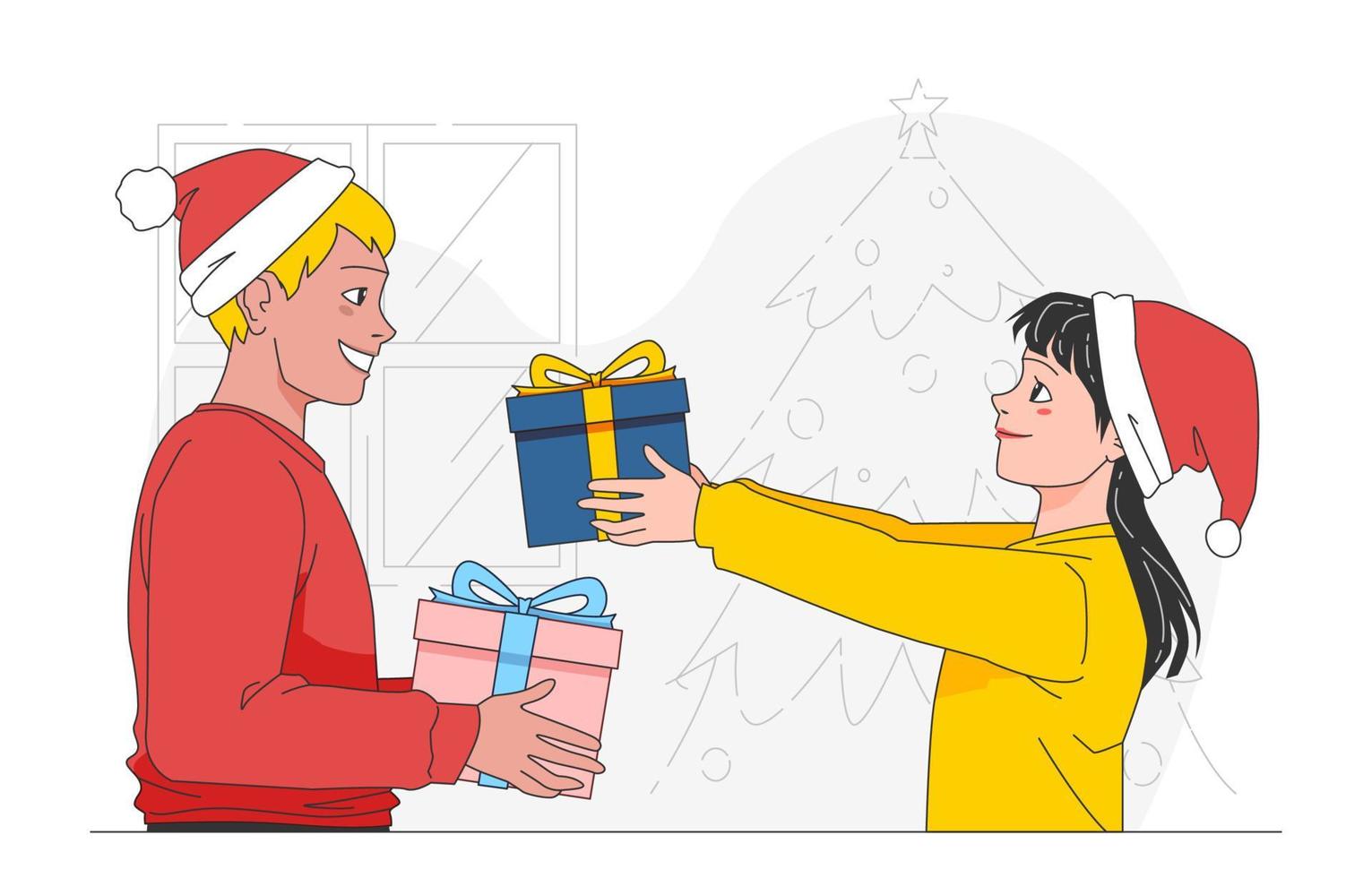 Kinder tauschen fröhlich ihre Weihnachtsgeschenke untereinander aus vektor