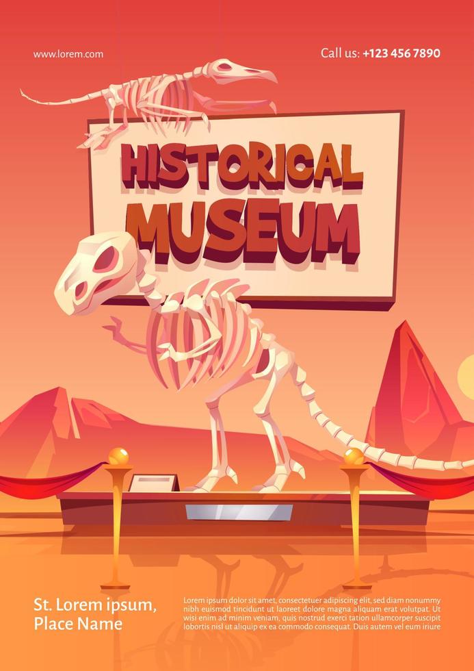 Plakat des historischen Museums mit Dinosaurierskelett vektor