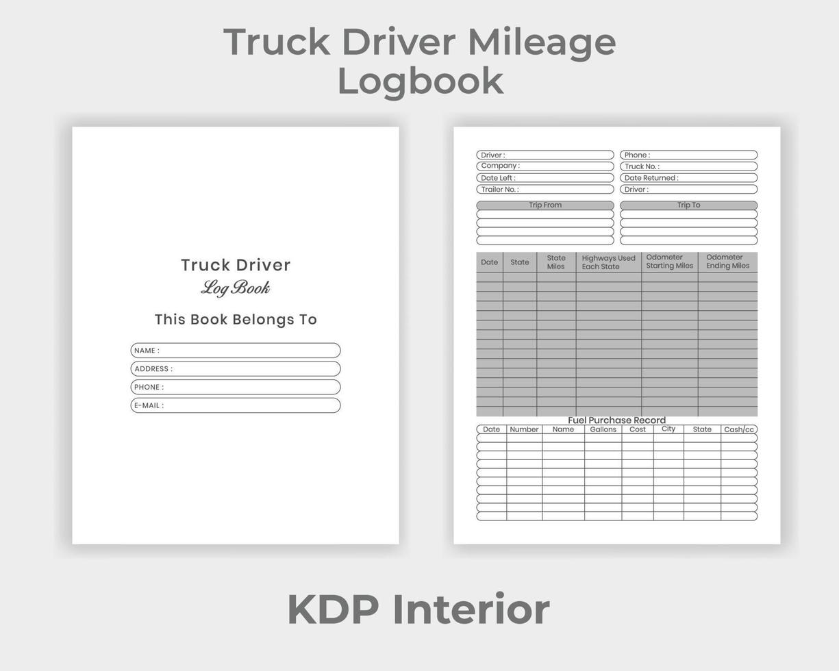 kdp interiör lastbil förare miltal loggbok, lastbil förare information och miltal anteckningsbok unik design mall vektor