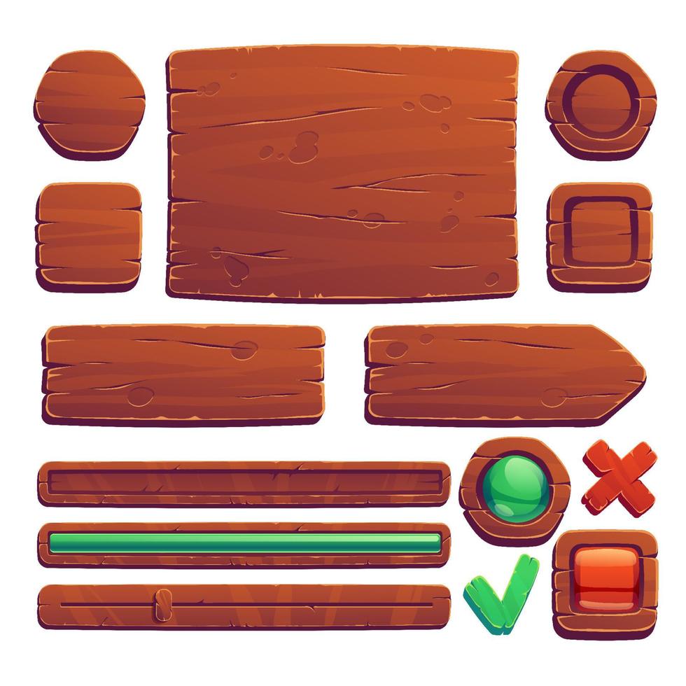 trä- spel knappar, tecknad serie spel trä gränssnitt vektor