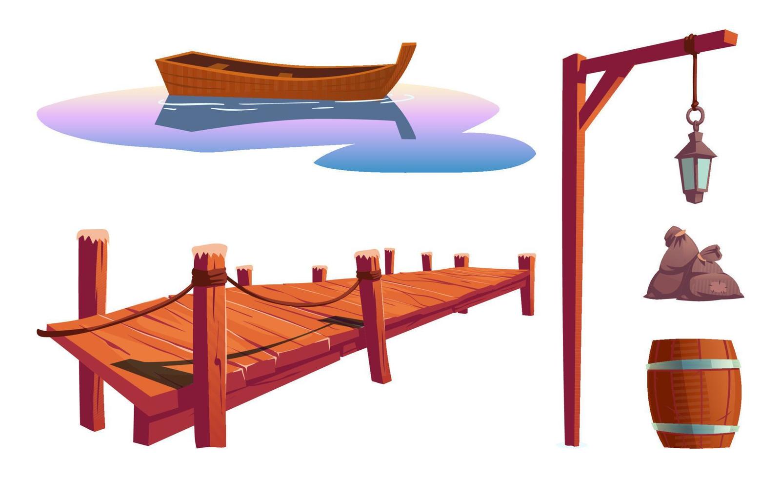 gammal trä- pir för fiske, båt och lykta vektor