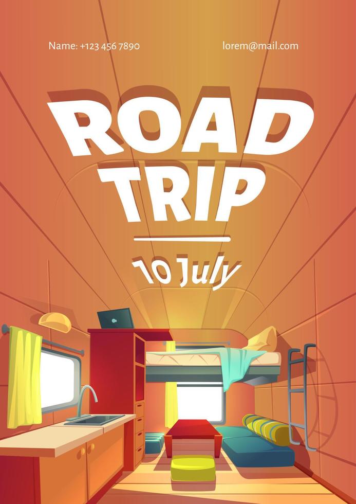 Road Trip Cartoon Poster mit Campingwagen vektor