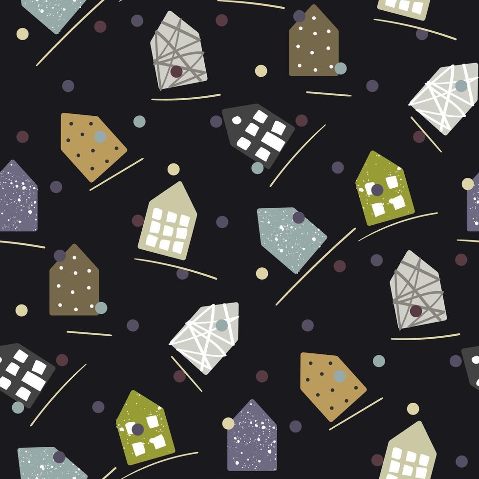 handgezeichnete Häuser. niedliches Cartoon-Muster mit winzigen Häusern auf dunklem Hintergrund. nahtloser Vektorhintergrund im skandinavischen Stil. Thema des neuen Jahres. Geschenkverpackungen, Textilien. vektor