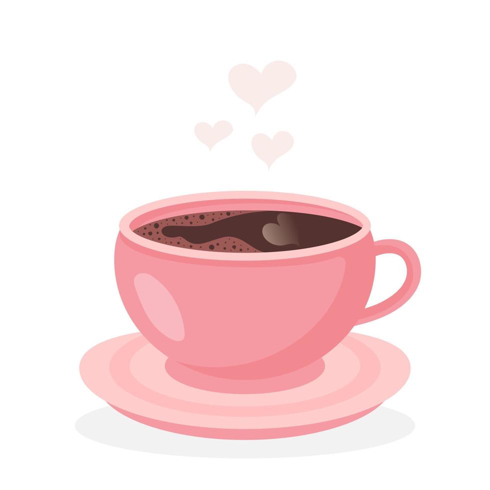 rosa tasse kaffee mit untertasse und herzdampf. heißes Getränk isoliert auf weißem Hintergrund. vektor