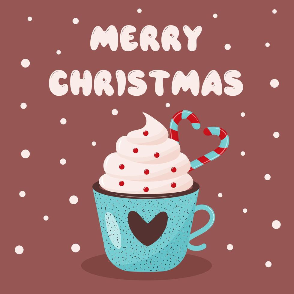 kaffeetasse mit herzverzierung, schlagsahne und zuckerstangen in herzform. Weihnachtsgrußkarte. frohe weihnachten text. vektor