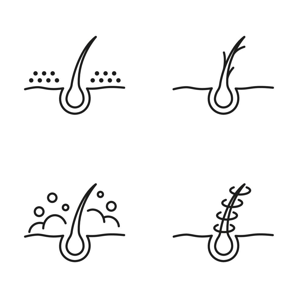 hår mjäll, tvätta, reparera och dela slutar linje ikoner. dermatologi problem och behandling översikt ikon. ohälsosam eller smutsig follikel piktogram. redigerbar stroke. isolerat vektor illustration.