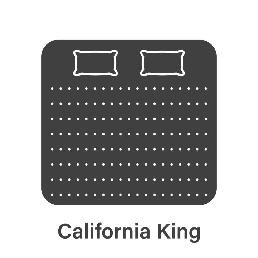 säng storlek dimensionera. madrass kalifornien kung silhuett ikon. säng längd mått för sovrum i hotell eller Hem piktogram. madrass storlek för säng rum. isolerat vektor illustration.