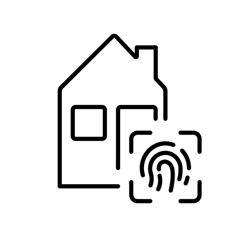 Smart Home mit Symbol für die Fingerabdrucklinie. immobilien mit biometrischer identifikationstechnologie durch fingerabdruckpiktogramm. Umrisssymbol für Sicherheitsgebäude. editierbarer Strich. isolierte Vektorillustration. vektor