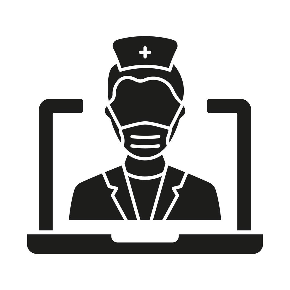 uppkopplad digital medicin silhuett ikon. läkare i dator medicinsk hälsa vård uppkopplad glyf svart piktogram. virtuell medicin service ikon. telemedicin. isolerat vektor illustration.