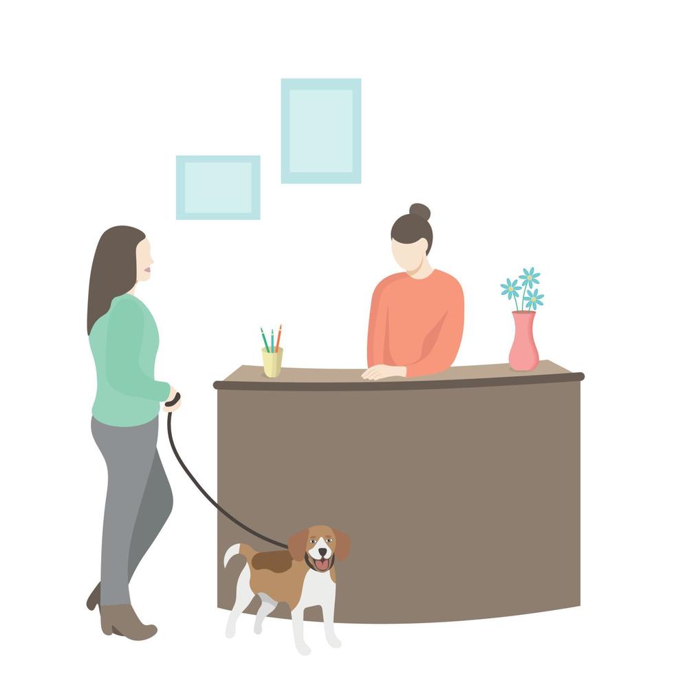 en flicka med en hund står nära de reception skrivbord, platt vektor, isolera på vit, ansiktslös illustration vektor