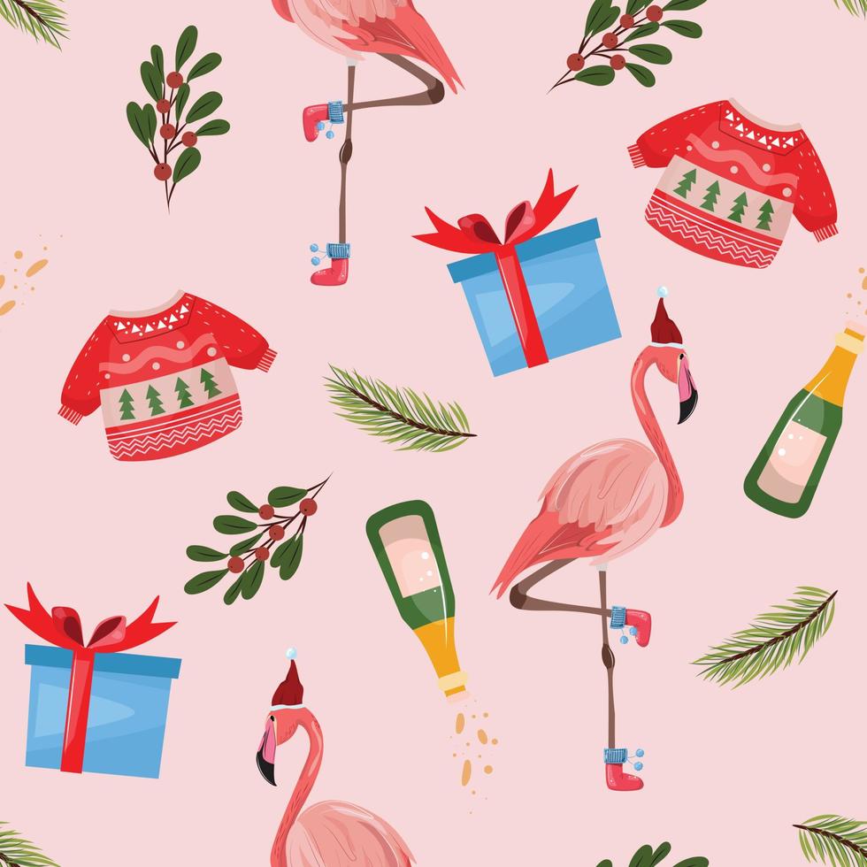 nahtloses muster mit einem rosa flamingo, der eine weihnachtsmütze und socken, einen pullover, eine geschenkbox, eine flasche, beeren und einen tannenzweig auf rosa hintergrund trägt. für Textilien, Packpapier, Verpackungen, Bekleidung. vektor