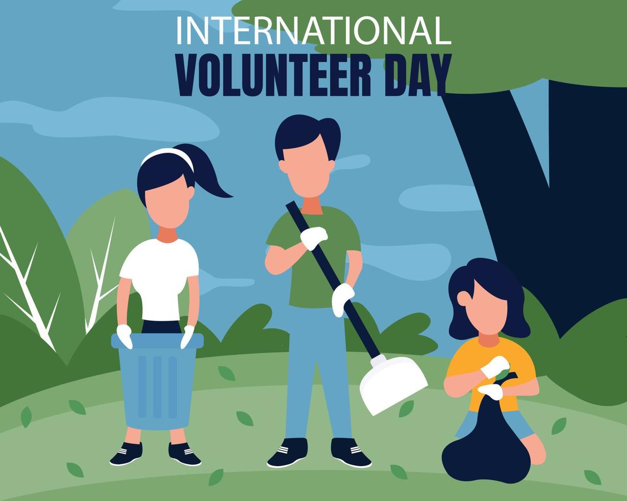 Illustrationsvektorgrafik von drei jungen Freiwilligen, die den Müll im Garten aufräumen, perfekt für den internationalen Tag, den internationalen Tag der Freiwilligen, die wirtschaftliche und soziale Entwicklung, feiern. vektor
