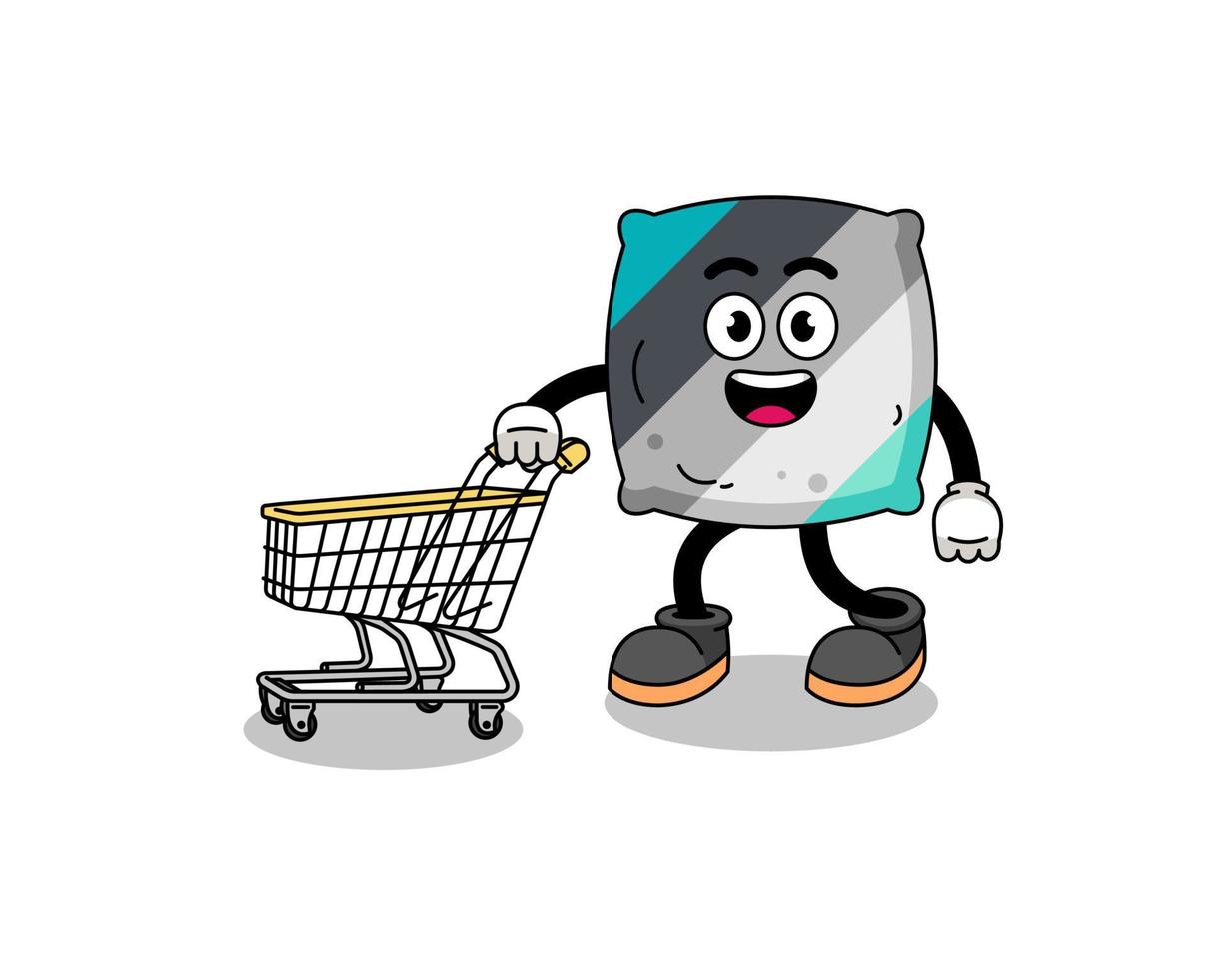 Karikatur des Wurfskissens, das einen Einkaufswagen hält vektor
