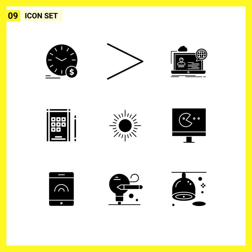 grupp av 9 modern fast glyfer uppsättning för soluppgång anteckningar webinar anteckningsbok hemsida redigerbar vektor design element