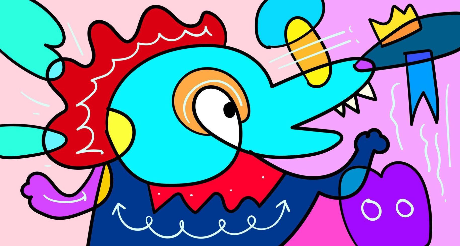 Vektor bunte abstrakte Doodle handgezeichnete Monster- und Tierillustration für digitales Bannerdesign 2023
