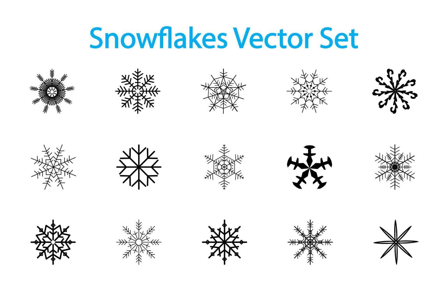 uppsättning av platt svart geometrisk snöflingor på en vit bakgrund. linjär mönstrad dekor av femton snöflingor vektor