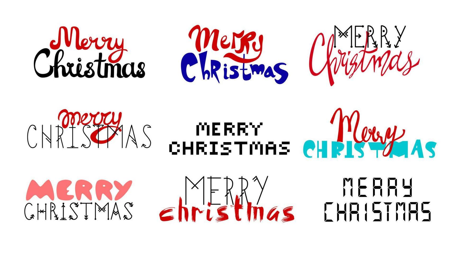 satz von neun handgeschriebenen frohen weihnachten-schriftzügen in verschiedenen farben und verschiedenen stilen auf weißem hintergrund. vektor handgezeichnete illustration
