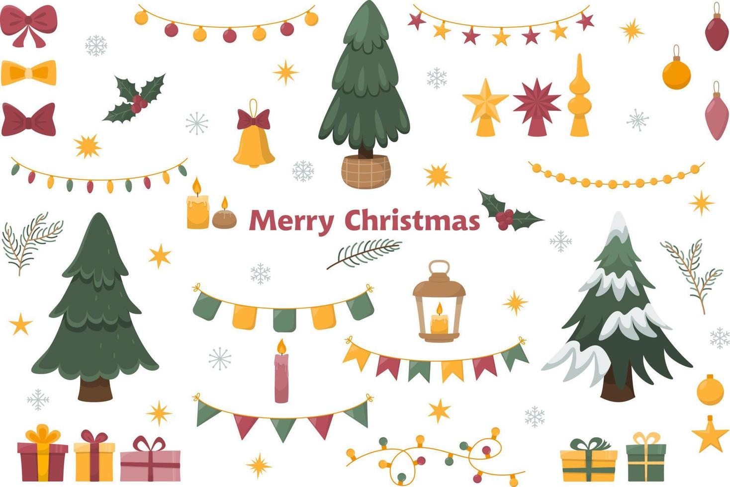 dekorative elemente für weihnachten und neujahr. süße Dekoration Weihnachtsbäume, Geschenke, Kerzen, Girlanden, Glocke und Mistel. Vektor-Illustration vektor