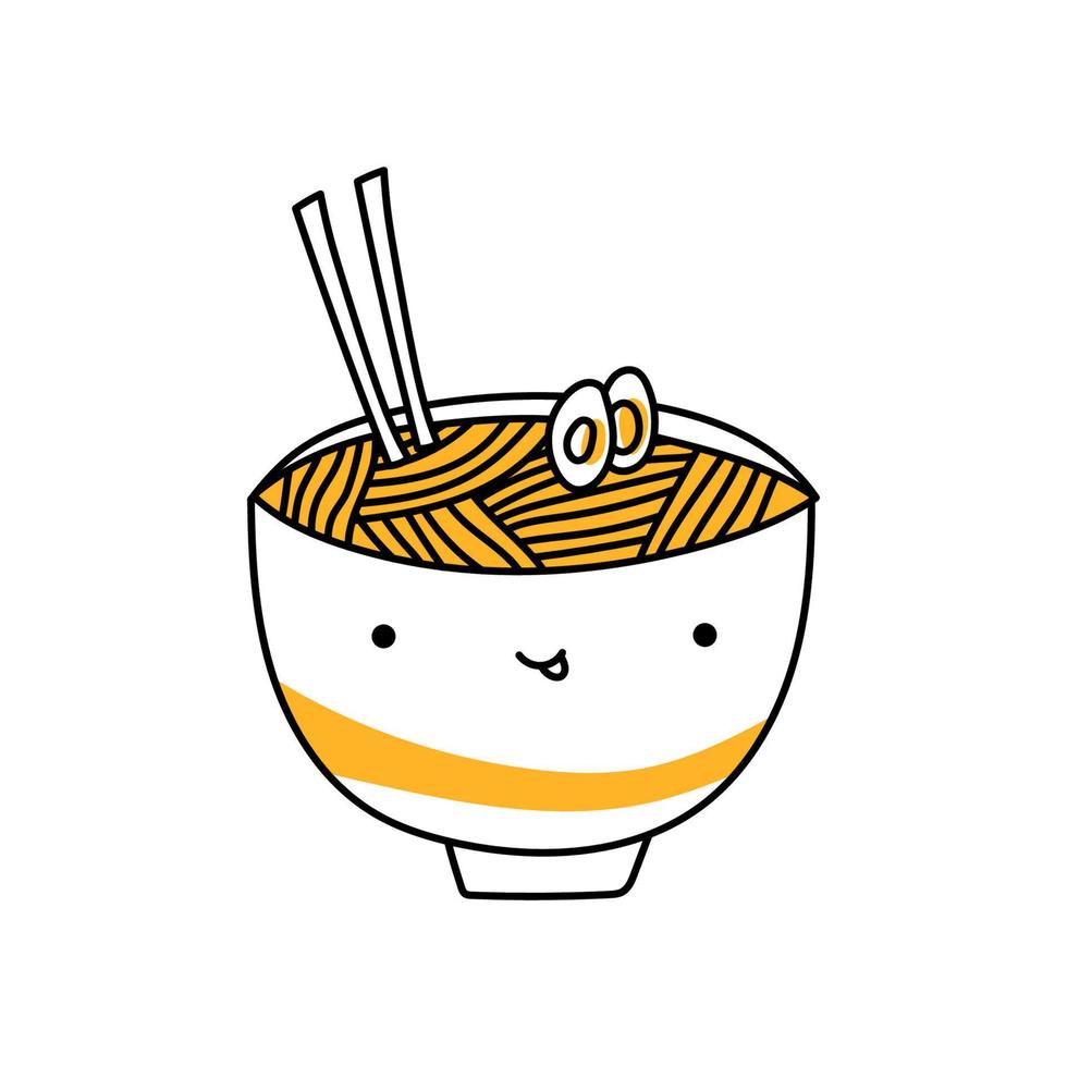 charmante Schüssel Ramen mit Essstäbchen. Cartoon chinesische süße Nudeln. doodle kawaii ramen-vektorillustration vektor