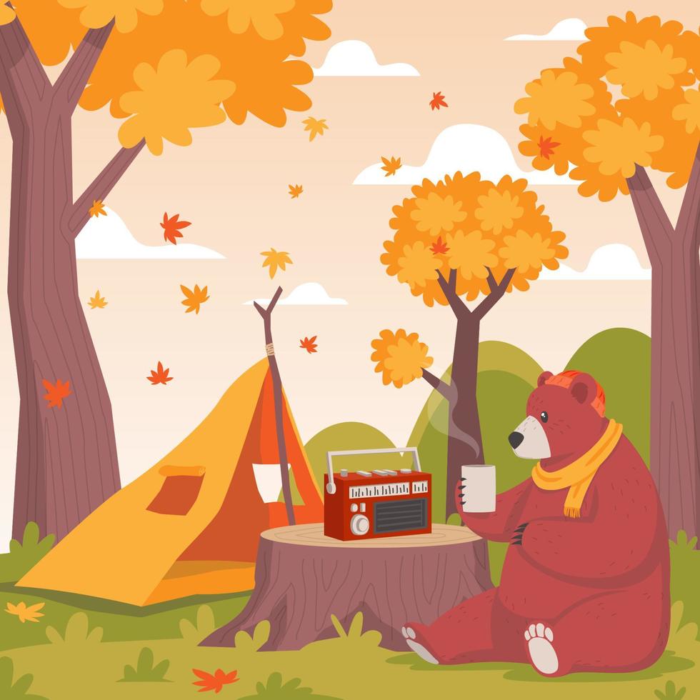 Bär genießt die Herbstsaison mit einer Tasse Kaffee, während er unter der wunderschönen Landschaft der fallenden Blätter Radio hört vektor