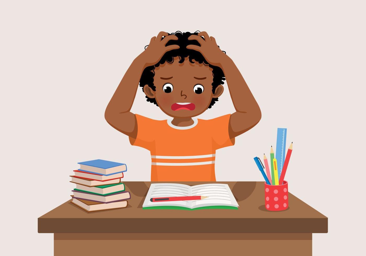 söt liten afrikansk pojke känsla påfrestning trött och uttråkad studerar håller på med läxa på de skrivbord vektor