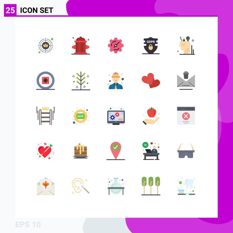 Stock Vector Icon Pack mit 25 Zeilenzeichen und Symbolen für Mind Art Gear Security gdpr editierbare Vektordesign-Elemente