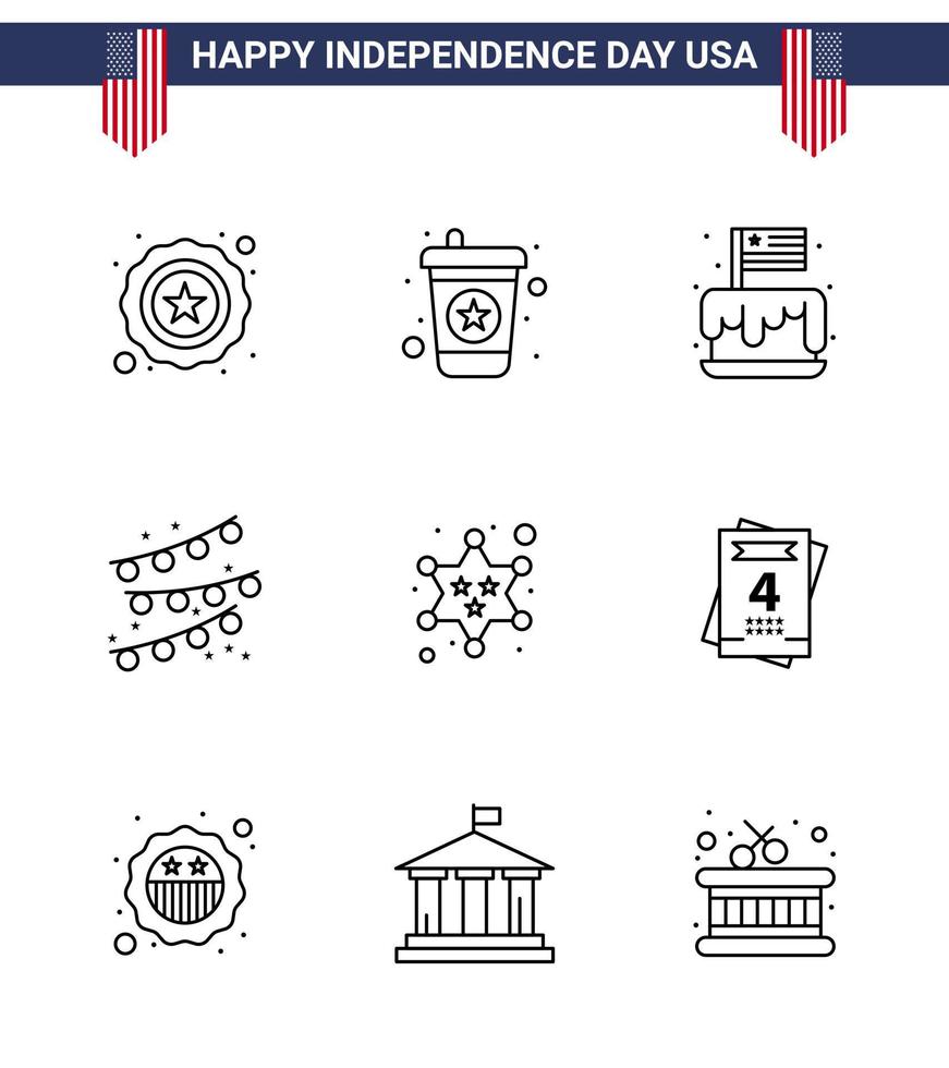 Stock Vector Icon Pack von American Day 9 Line Zeichen und Symbolen für Star Military Independence Badge Party Dekoration editierbare Usa Day Vektor Design Elemente