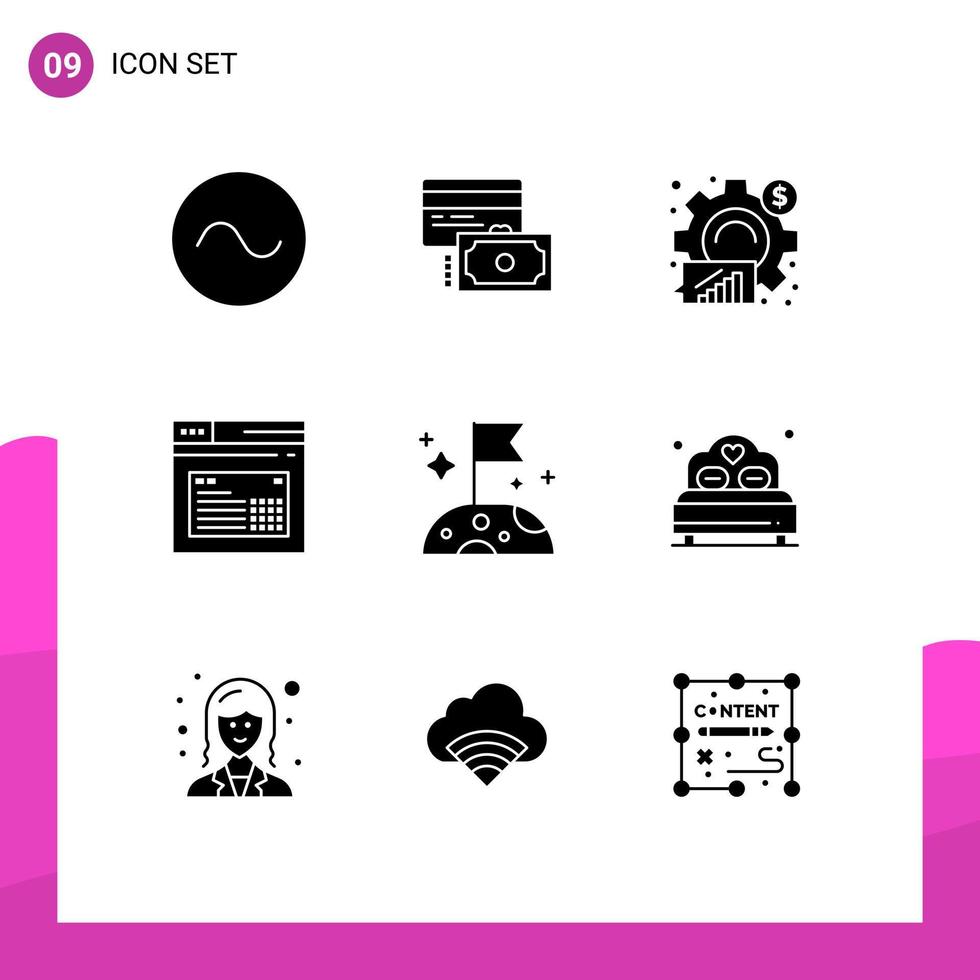 universelle Symbolsymbole Gruppe von 9 modernen soliden Glyphen des Mondes Website Analytics Web Internet editierbare Vektordesign-Elemente vektor