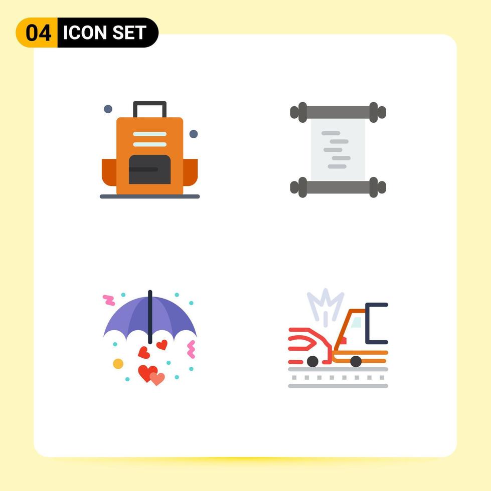Stock Vector Icon Pack mit 4 Zeilen Zeichen und Symbolen für Rucksack Liebe im Freien Log Regenschirm editierbare Vektordesign-Elemente