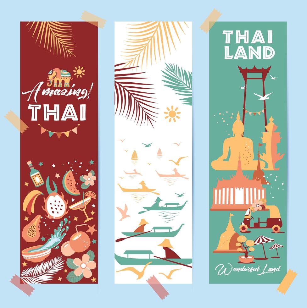 samling av thailand-symboler på tre kort vektor