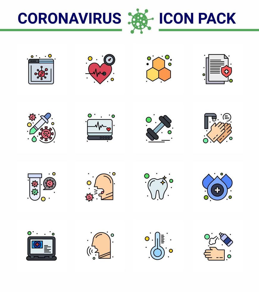 Coronavirus-Präventionsset-Symbole 16 flache, farbig gefüllte Liniensymbole wie Medikamente, medizinische Chemie, Versicherung, Gesundheit, virales Coronavirus 2019nov, Krankheitsvektor-Designelemente vektor