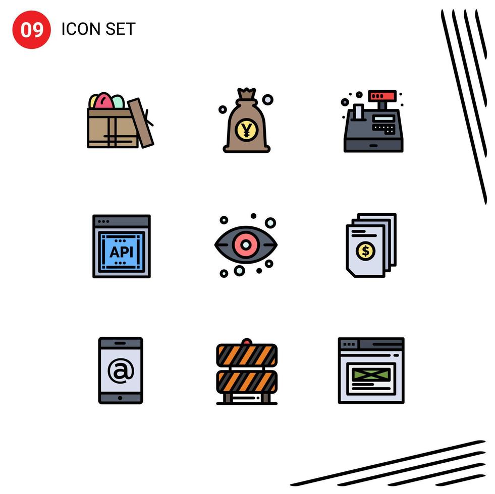 9 universell fylld linje platt färger uppsättning för webb och mobil tillämpningar öga Ansökan programmerare gränssnitt väska api begrepp handla redigerbar vektor design element