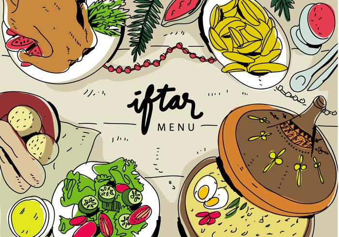 Iftar Ramadhan Meny Mat På Traditionell Tajine Vektor Illustration