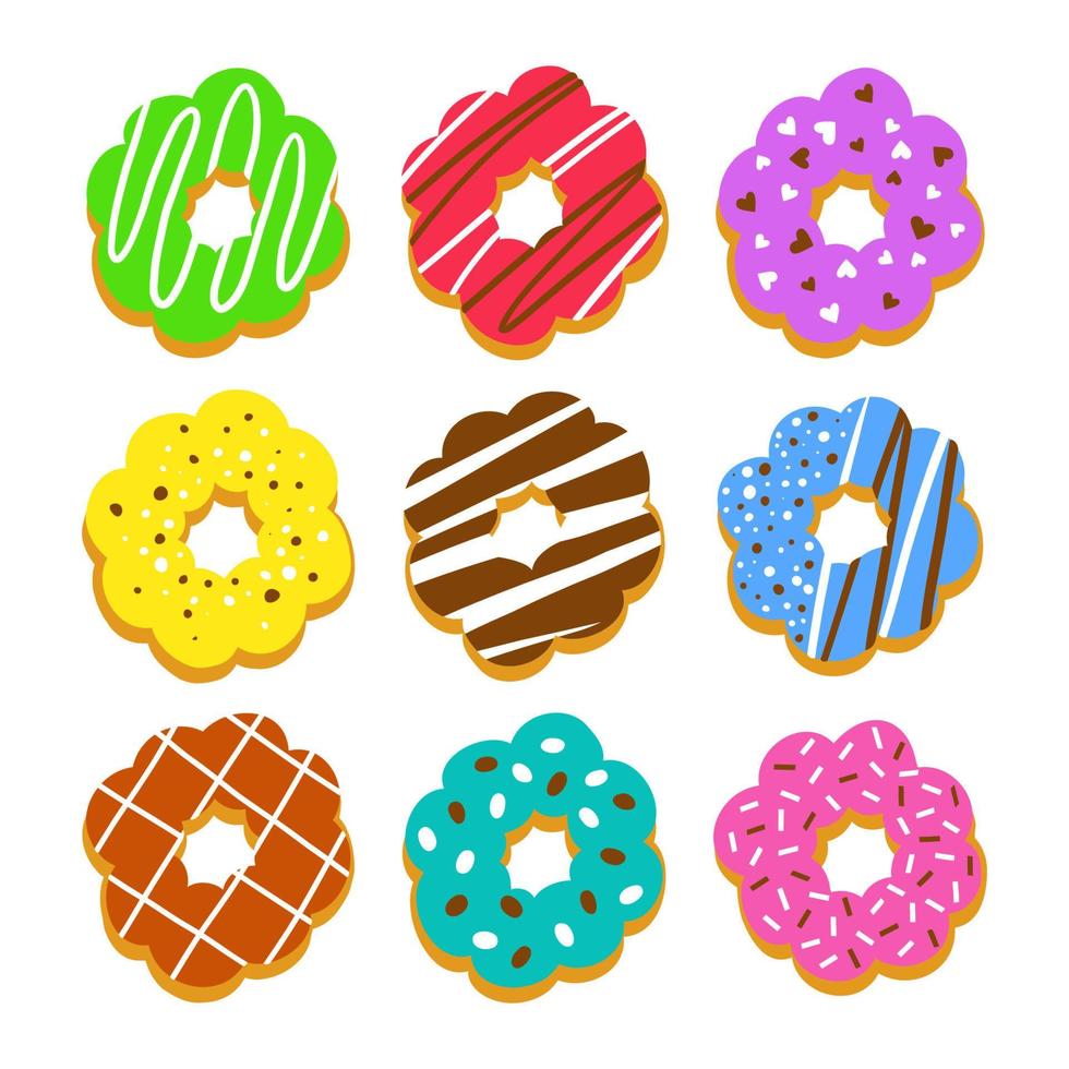 set mochi donuts mit bunter glasur und belag. isolierte Vektorillustration auf weißem Hintergrund. vektor
