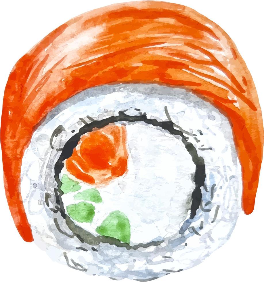 aquarell-sushi-maki-rolle mit lachshandgezeichneter lebensmittelillustration isoliert vektor