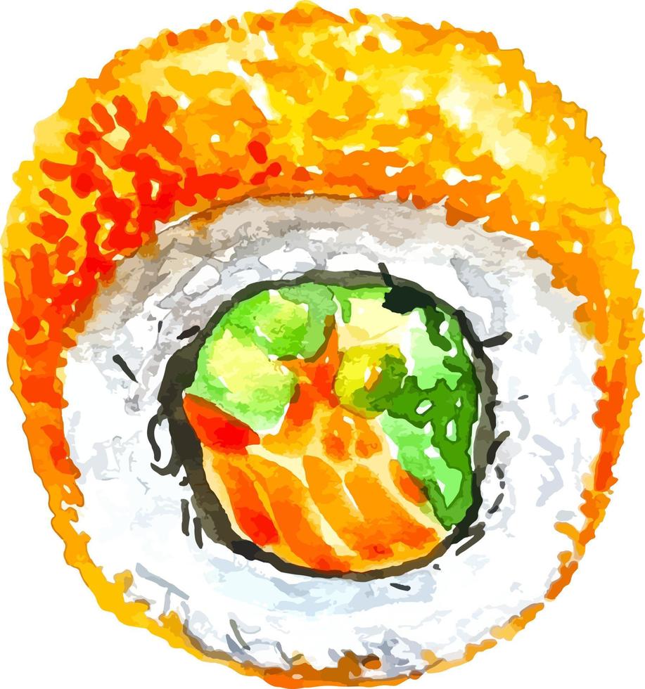 aquarell-sushi-rolle mit lachs- und kaviar-asiatischer lebensmittelillustration für menü vektor