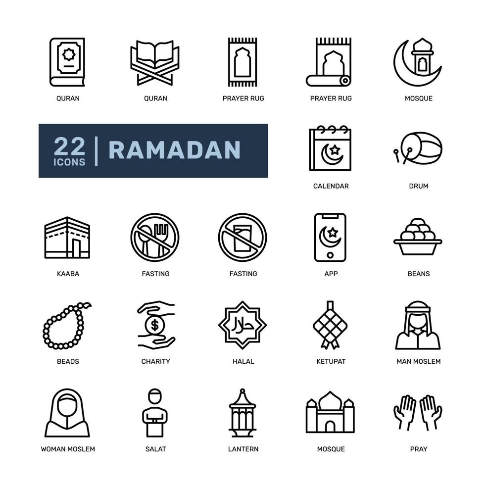 ramadan moslem islamic festival händelse fasta detaljerad tunn linje översikt ikon uppsättning. enkel vektor illustration