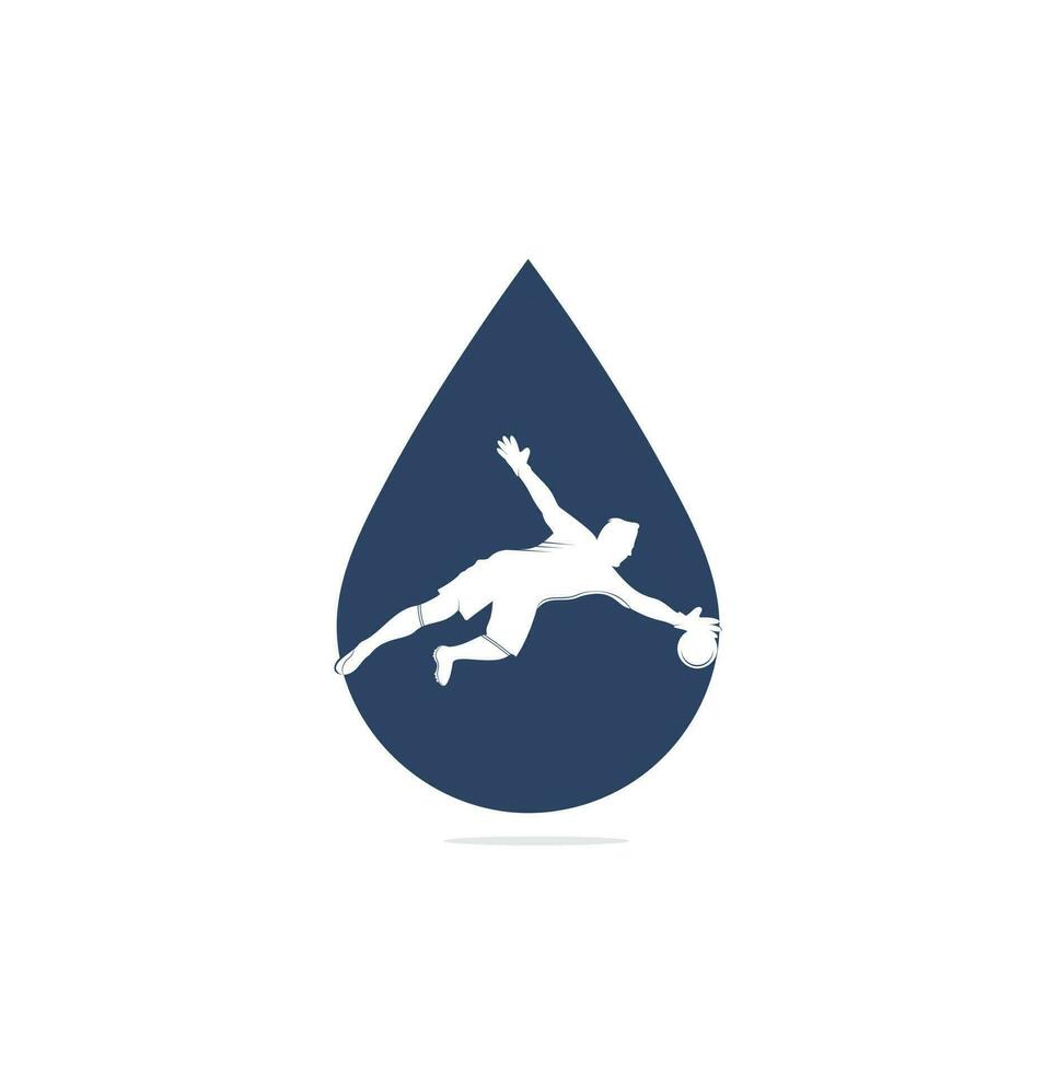 Logo für das Konzept des Torwartspielers in Tropfenform. moderner fußballspieler im aktionslogo - vom torhüter gerettet vektor