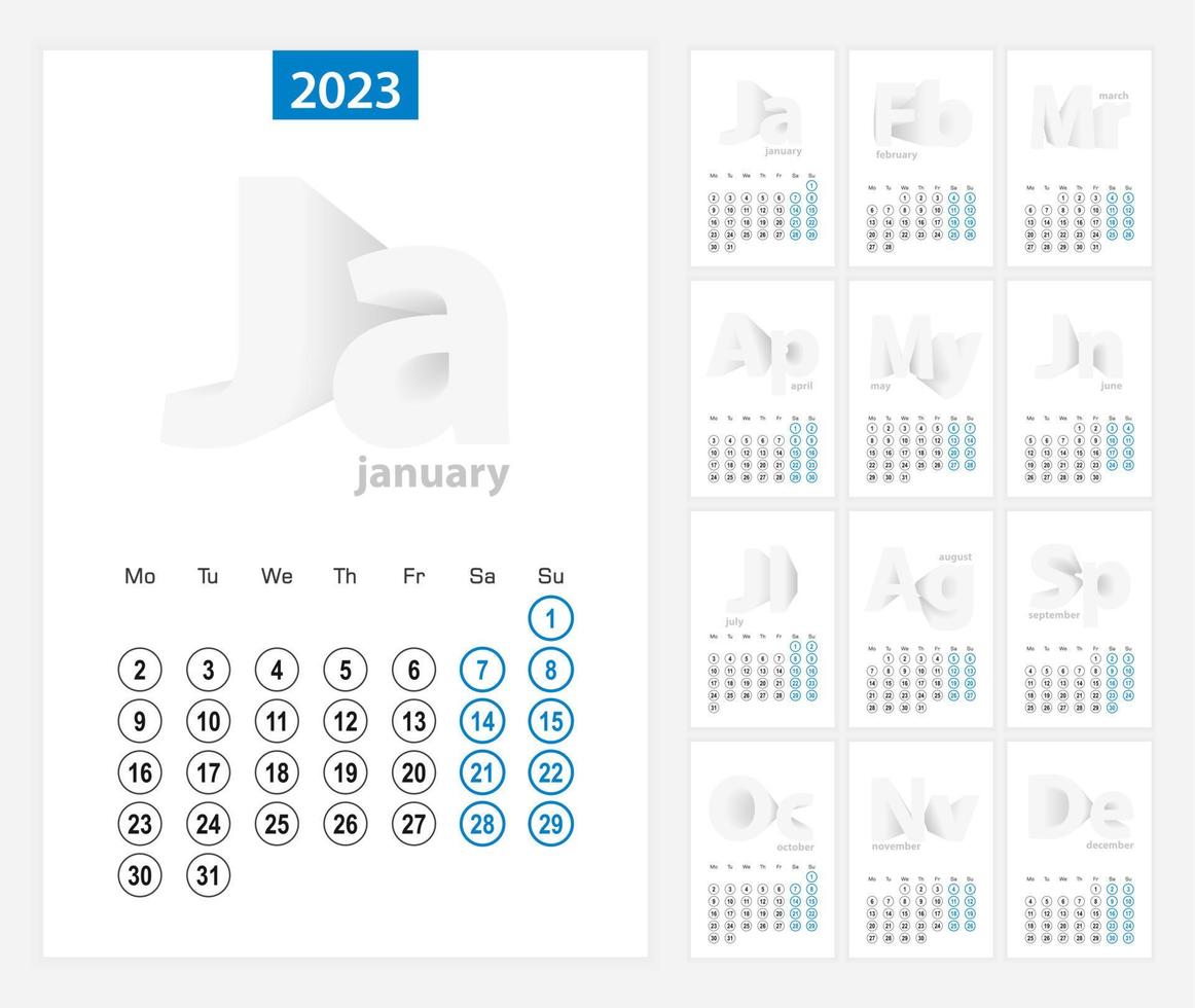 kalender 2023, blå cirkel design. engelsk språk, vecka börjar på måndag. vektor