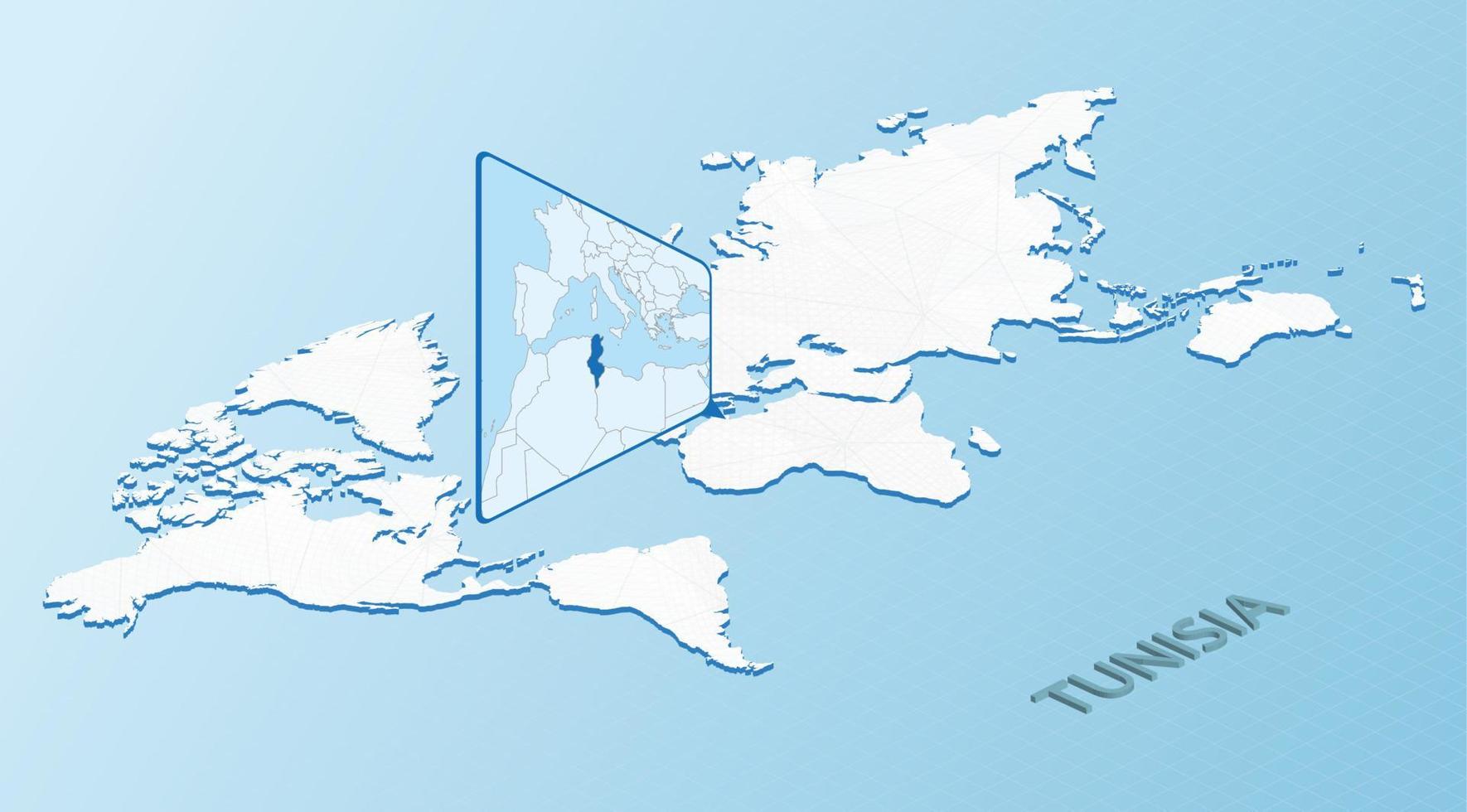 Weltkarte im isometrischen Stil mit detaillierter Karte von Tunesien. hellblaue Tunesien-Karte mit abstrakter Weltkarte. vektor