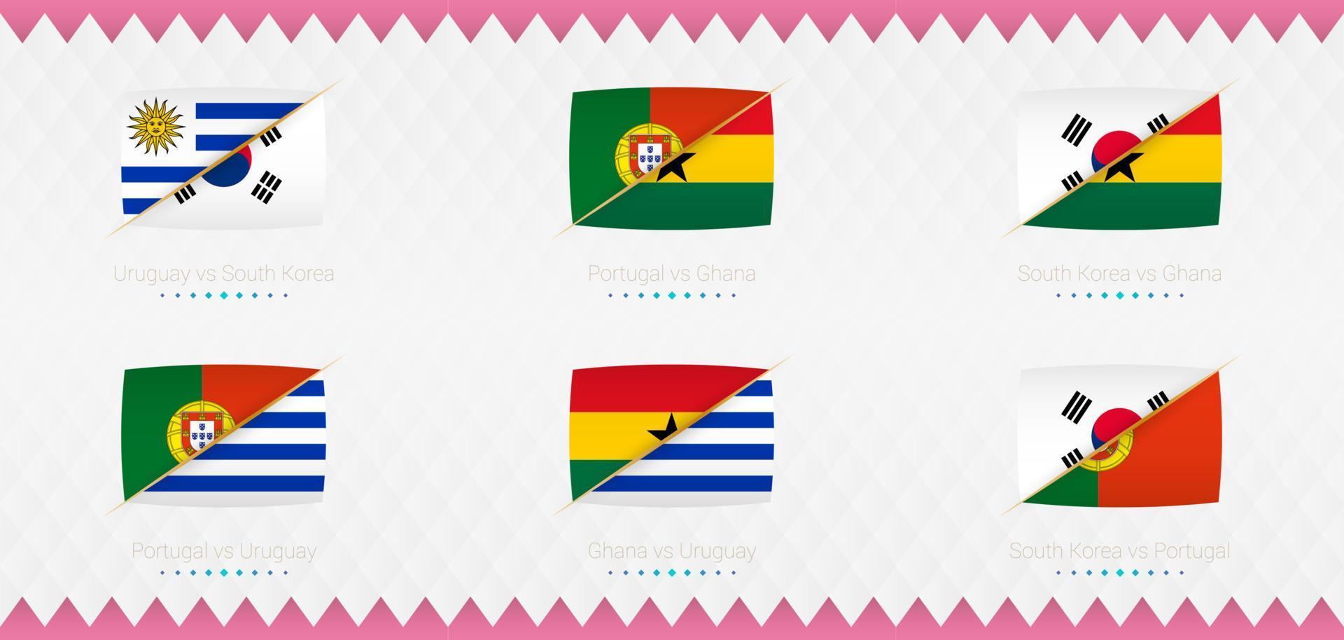 eine Reihe von Spielsymbolen der Gruppe h des internationalen Fußballturniers 2022, die Flagge und eine Reihe von Spielsymbolen auf abstraktem Hintergrund. vektor