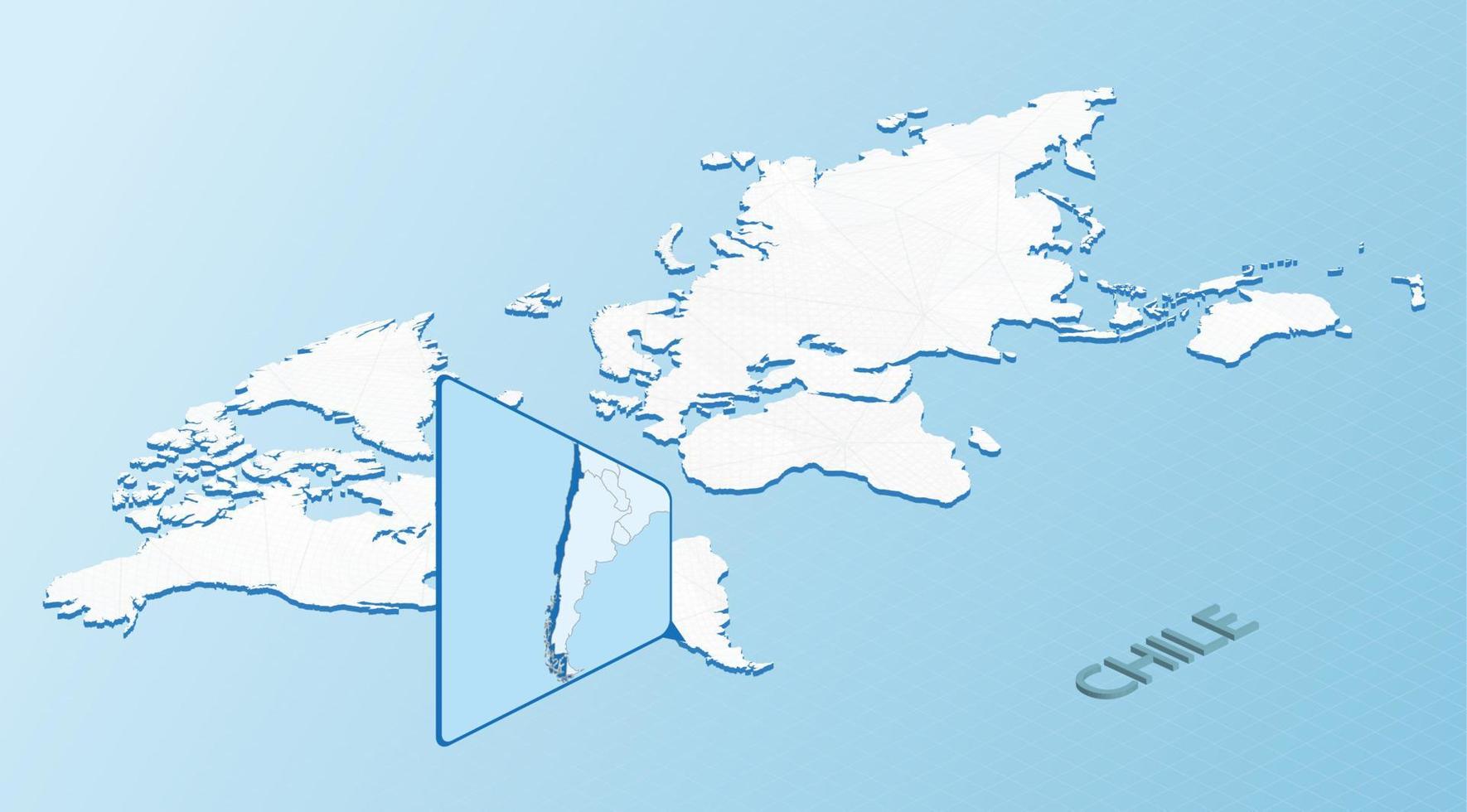 värld Karta i isometrisk stil med detaljerad Karta av Chile. ljus blå chile Karta med abstrakt värld Karta. vektor