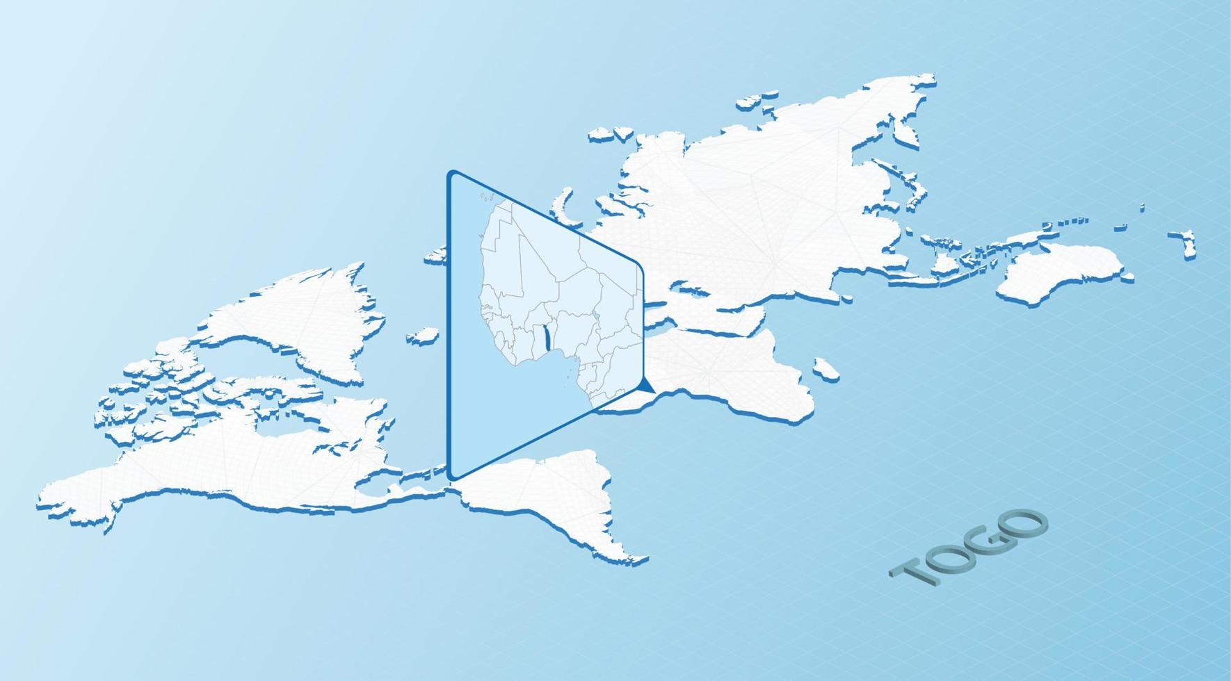 värld Karta i isometrisk stil med detaljerad Karta av togo. ljus blå Togo Karta med abstrakt värld Karta. vektor