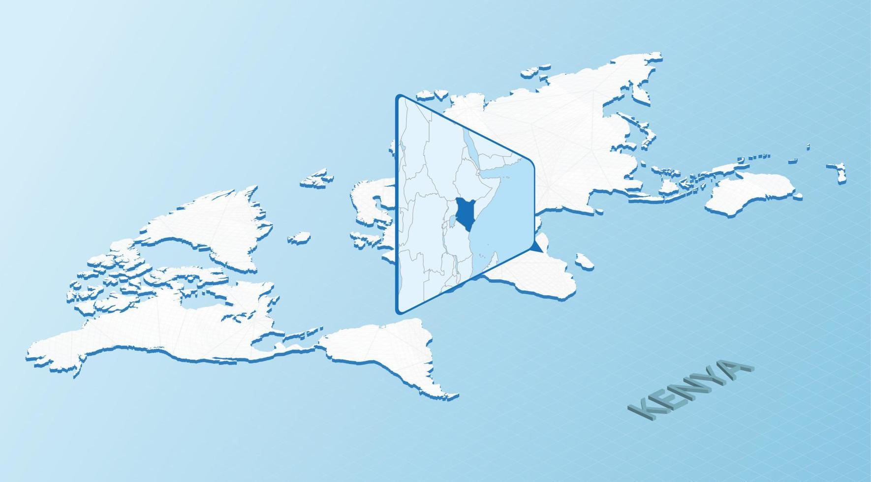 värld Karta i isometrisk stil med detaljerad Karta av kenya. ljus blå kenya Karta med abstrakt värld Karta. vektor