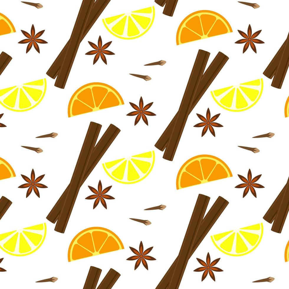 sömlös mönster på en vit bakgrund. jul humör. de lukt av citrus- frukter, teckning skivor av orange och citron, kanel, kryddnejlika, anis. vektor illustration