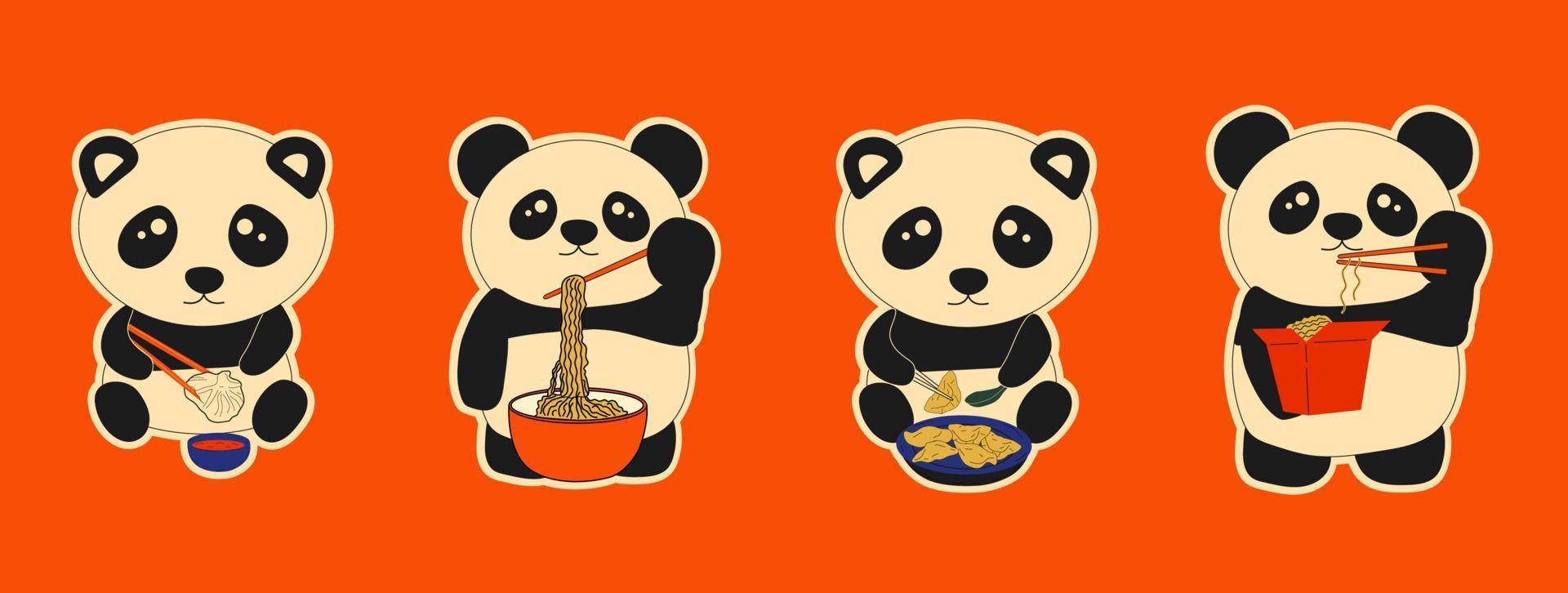 satz süßer pandas, die dim sum gekritzel essen. traditionelle chinesische Knödel. Abbildung des kawaii asiatischen Lebensmittelvektors. vektor