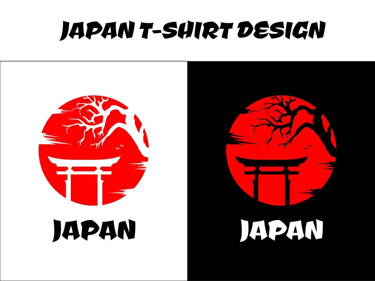 japansk t-shirt design, silhuett för en japansk tema, japansk tema t-shirt design med röd måne vektor