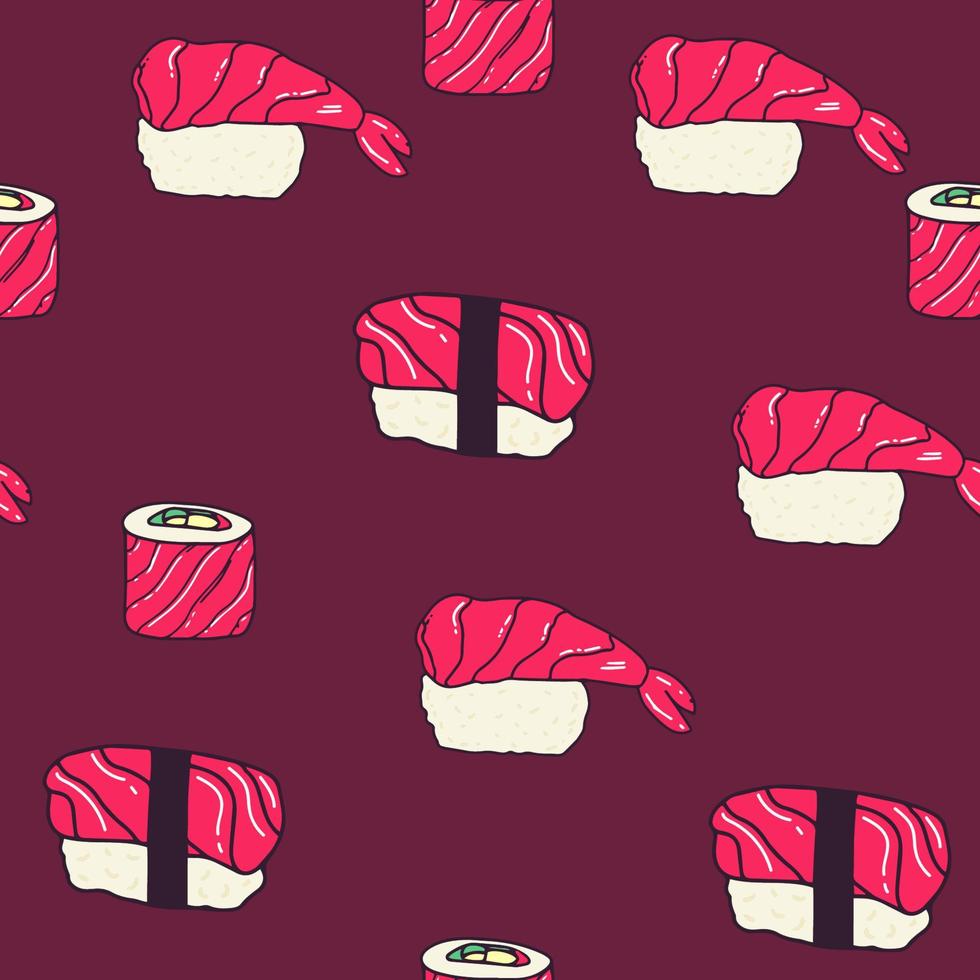 vektor sömlös sushi mönster sushi i sömlös mönster, vektor illustration. omslag papper design för japansk restaurang mat leverans paket. traditionell asiatisk kök skaldjur maträtt, sushi